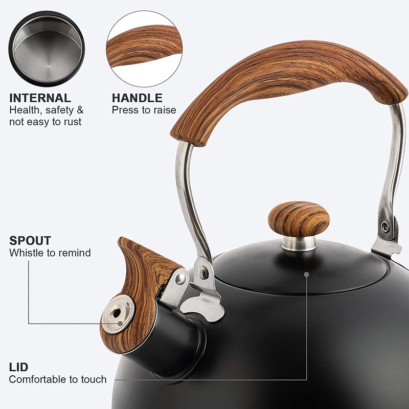 Whistling Tea Kettles with Wood Grain adjustment Nylon Handle, 2.3 Quart Capacity with Capsule Base Tea Kettle, Black