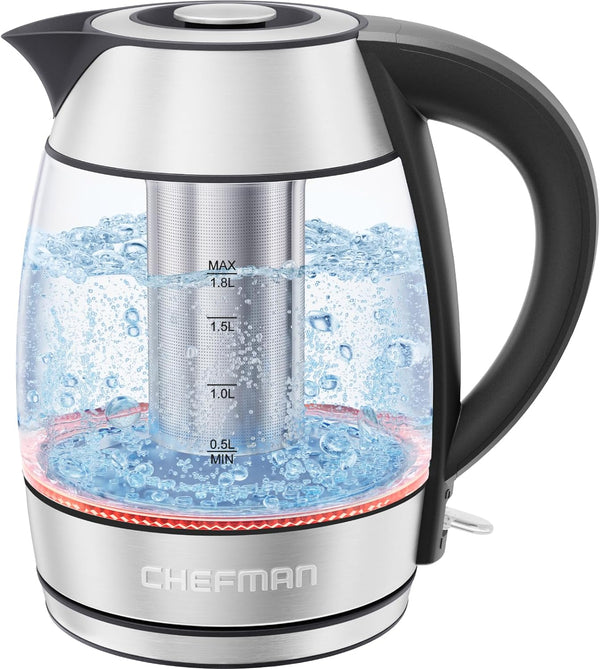 Chefman Glass Electric Kettle for Boiling Water, 1.8L 1500W, with Tea Infuser, Keep Warm Function, Auto Shut Off, Boil-Dry Protection, BPA Free, Hot Water Boiler, Electric Tea Kettle - Stainless Steel