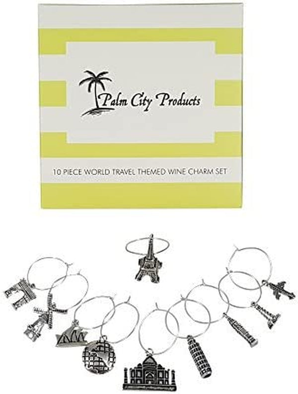 Palm City Products 10 Piece World Travel Themed Wine Charm Set - Traveler Stemmed Wine Glass Charms