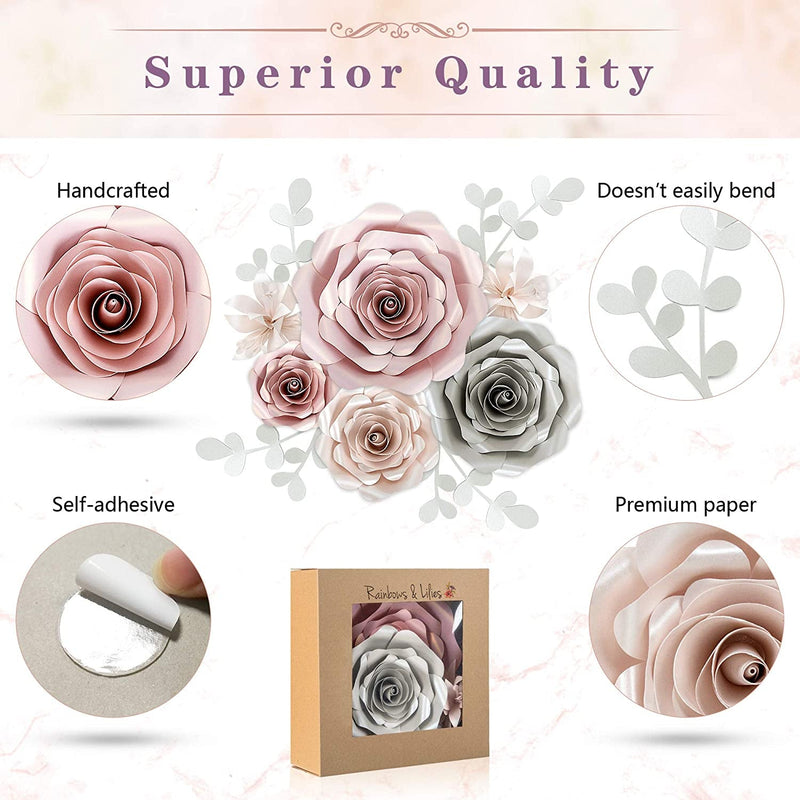 10-Pc Paper Flower Wall Decor Set for Wedding Shower Nursery Decor - Pink Gray Off-White