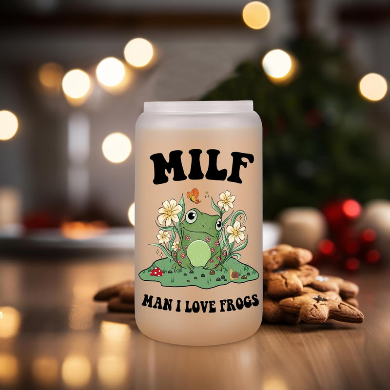 Fairy's Gift Cute Frog Cup, Iced Coffee Cup, Frosted Glass Cup w/Bamboo Lid & Straw - Man I Love Frogs - Frog Themed Christmas, Frog Gifts for Women, Mom, Wife, Pregnant Friend, Girlfriend