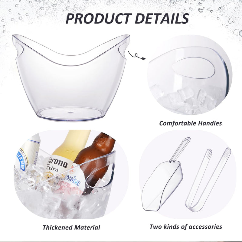 3Pcs Ice Buckets for Parties, 8 L 4 L Wine Bucket, Clear Acrylic Champagne Bucket with Tong and Ice Scoop, Beverage Tub for Cocktail Bar, Drinks, Wine, Beer Bottles