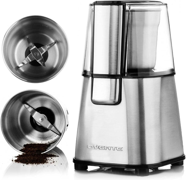 OVENTE Electric Coffee Grinder 2.1 Ounce Cup with 2 Removable Stainless Steel Grinding Bowls, 200 Watt Powered Motor Perfect for Beans, Spices, Nuts, Silver CG620S + ACPCG6000