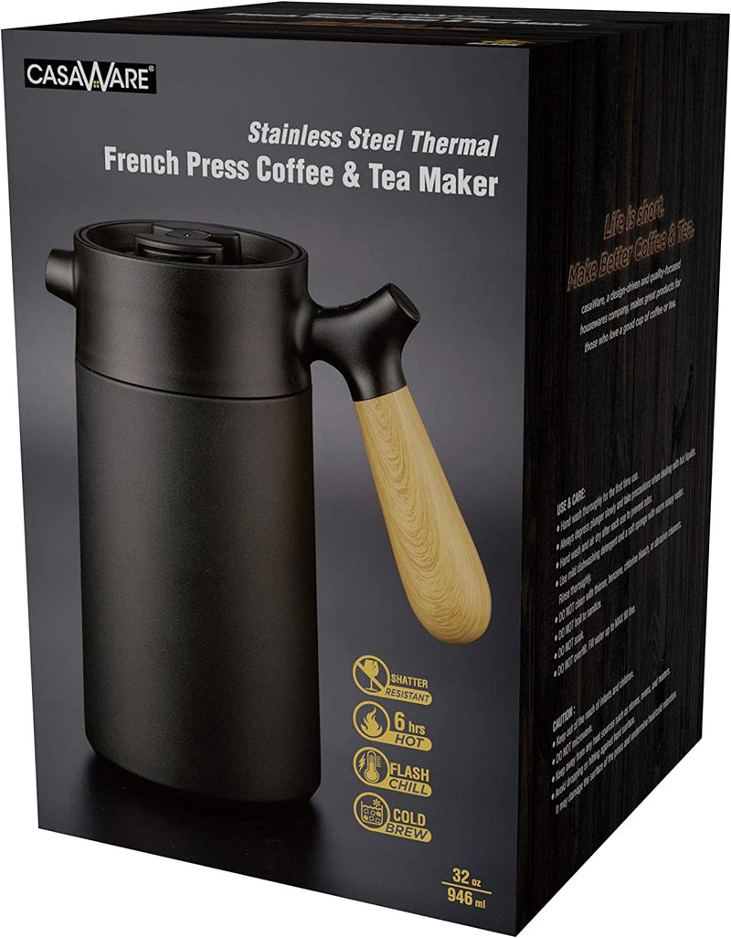 casaWare Stainless Steel 32-Ounce Thermal French Press Coffee and Tea Maker (Black)