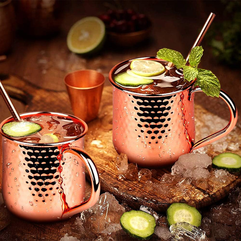 Moscow Mule Copper Mugs - Set of 2, Gift Box, 17Oz Traditional Design Handcrafted Cocktail Copper Cups, Food Safe 100% Authentic Pure Solid Copper Mug Set with Brass Handle & Copper Straws (Copper, 2)