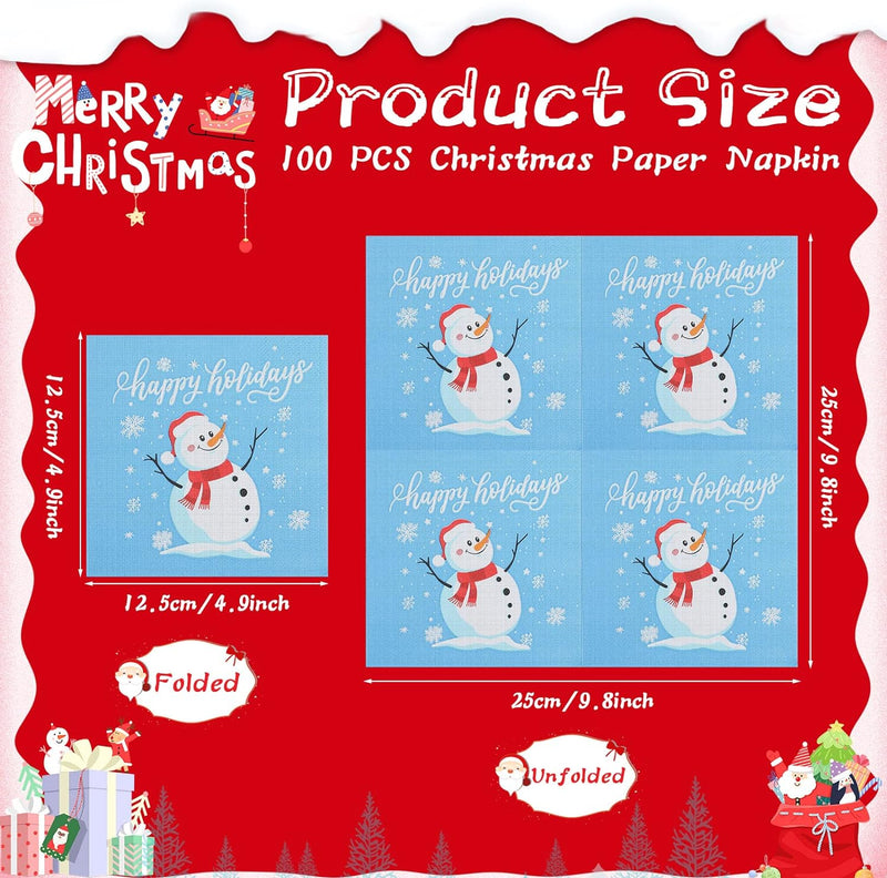 100 Pcs Christmas Napkins Snowman Paper Napkins Merry Christmas Tree Snowflake Cocktail Napkins Xmas Elk Guest Paper Towel for Winter Holiday New Year Family Gathering Party Supplies