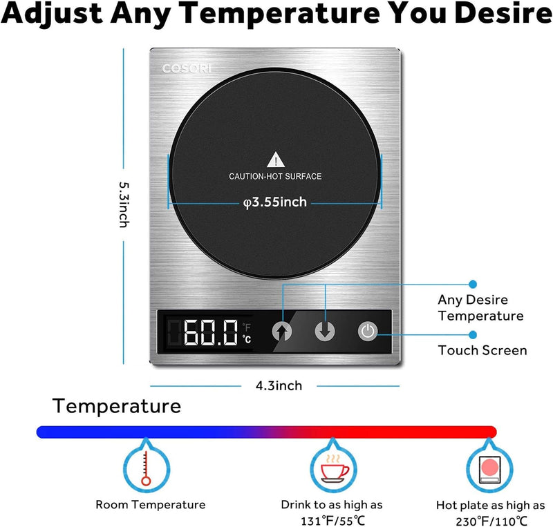 COSORI Coffee Mug Warmer & Mug Set for Desk, Cup Heater, Office & Christmas Gifts, 1°F Precise Temperature Control, Touch Tech & LCD Digital Display (77-194℉), 304 Stainless Steel