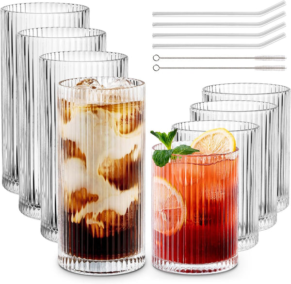 Combler Cocktail Glasses Drinking Set of 8, 4pcs Collins Glass Cups with Straw 12oz & 4pcs Rocks Glasses 9oz, Ribbed Glassware for Coffee Wine Whiskey Glasses, Housewarming Gifts New House Essentials