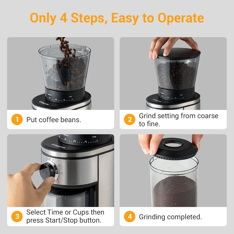 Ollygrin Coffee Grinder Electric Burr Mill, Conical Burr Espresso Coffee Grinder, Coffee Bean Grinder With 30 Adjustable Settings Precise Setting For 2-12 Cups Stainless Steel Silver