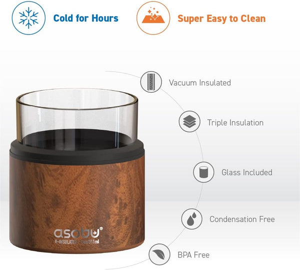 asobu Whiskey Glass with Insulated Stainless Steel Sleeve, 12 ounces (Natural Wood)