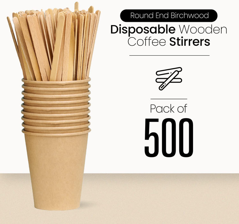 SPIXIR Coffee Stirrers Disposable Wooden Coffee Stir Sticks - Biodegradable Eco-Friendly Round-End Birchwood 5.5 Inches Large Wooden Stir Sticks - Pack of 500 Wood Stir Sticks