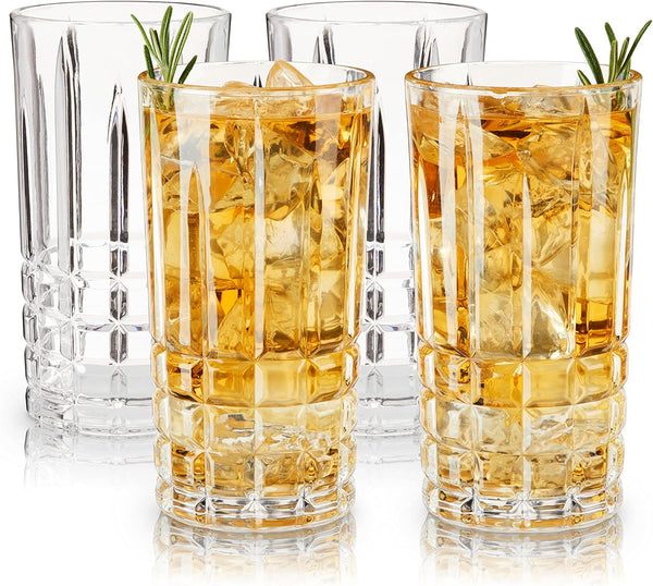Viski Highland Highball Drinking Glasses Set of 4 - Premium Crystal Square Cut Tall Cocktail Glassware Gift Set, 12 oz