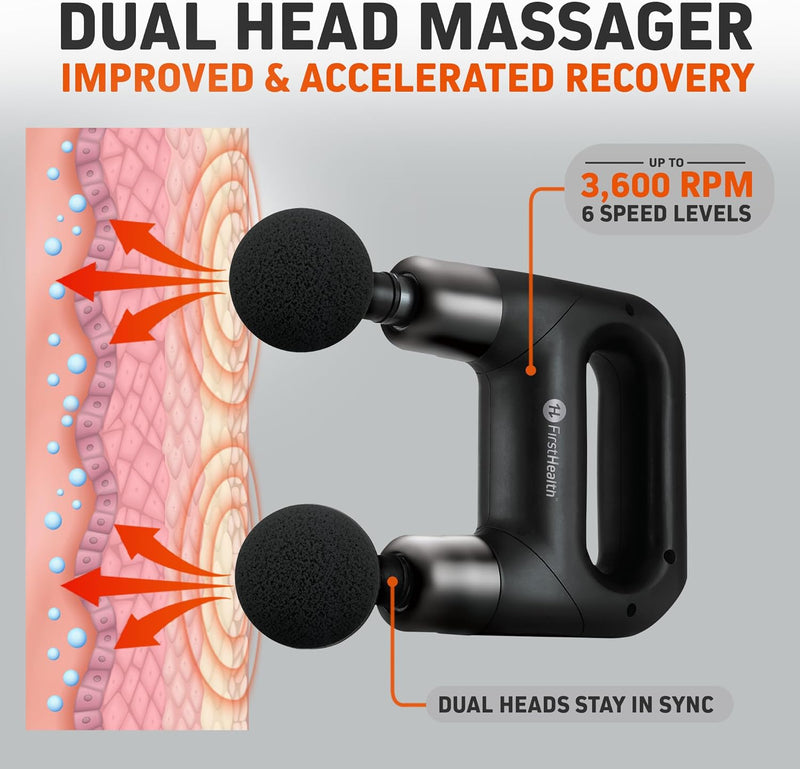 FIRSTHEALTH First Health Dual Head Deep Tissue Massage Gun - 8 Attachments, Handheld Percussion Massager with Rechargeable Battery, Full Body Relief for Neck Pain & Tension