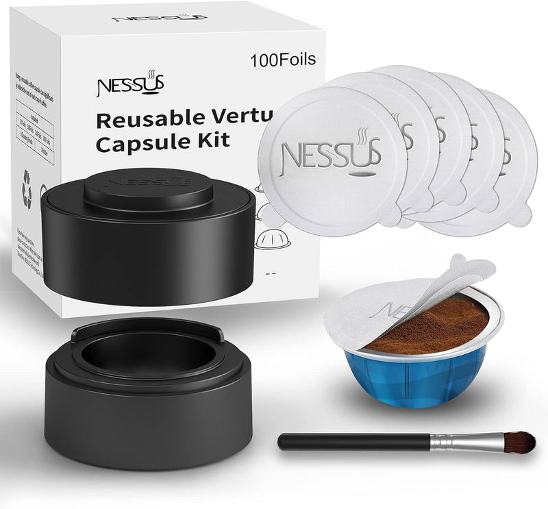 Nessus Reusable Vertuo Capsule Kit, [ALSeal EZ FIT] for Reusable Nespresso Pods with 100 Pcs Aluminum Foil Seal Lids, Holder, Brush, for Refilling Nespresso Vertuo Pods Reusable Vertuoline Pod