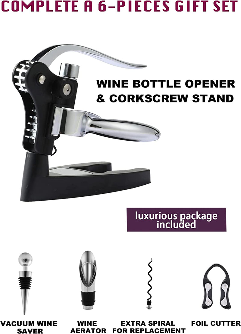 Wine Opener, KITESSENSU Easy Lever Wine Corkscrew with No-Stick Worm, 6-Piece Wine Bottle Opener Set with Foil Cutter, Bottle Stopper, Pourer, Extra Cork Screw and Base, Silver