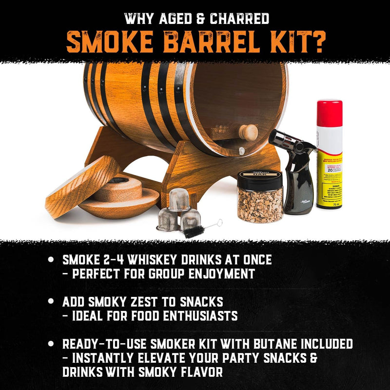 Old Fashioned Cocktail Kit for Whiskey, Bourbon & More - Premium Barrel Set, USA Oak - Cocktail Smoker Kit with Torch - Bourbon Gifts for Men - Gifts from Wife, Daughter, Son (with Butane)