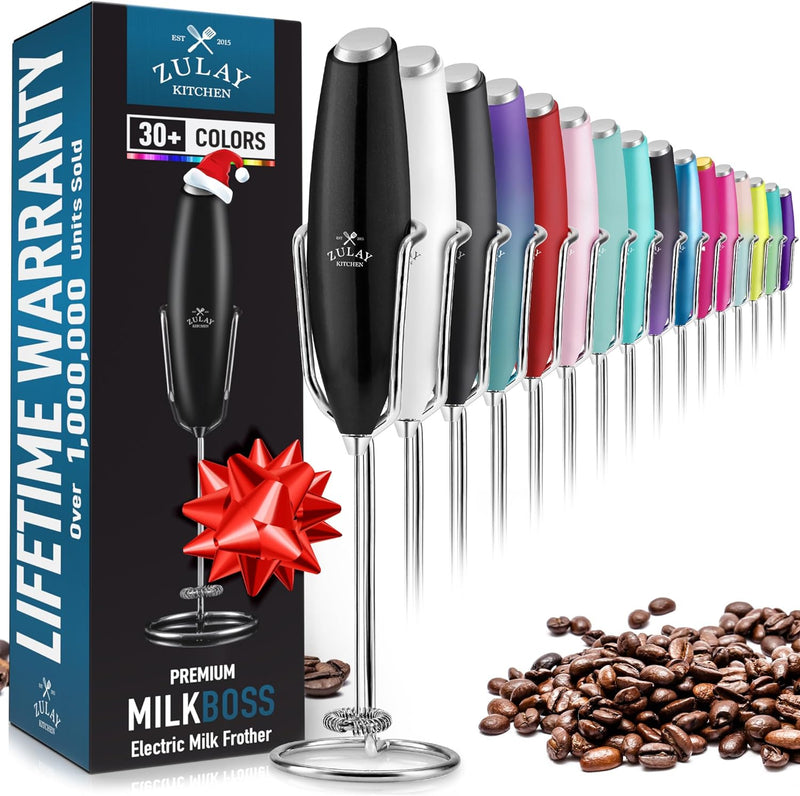 ULTRA HIGH SPEED MILK FROTHER For Coffee With NEW UPGRADED STAND - Powerful, Compact Handheld Mixer with Infinite Uses - Super Instant Electric Foam Maker with Stainless Steel Whisk by Zulay (White)