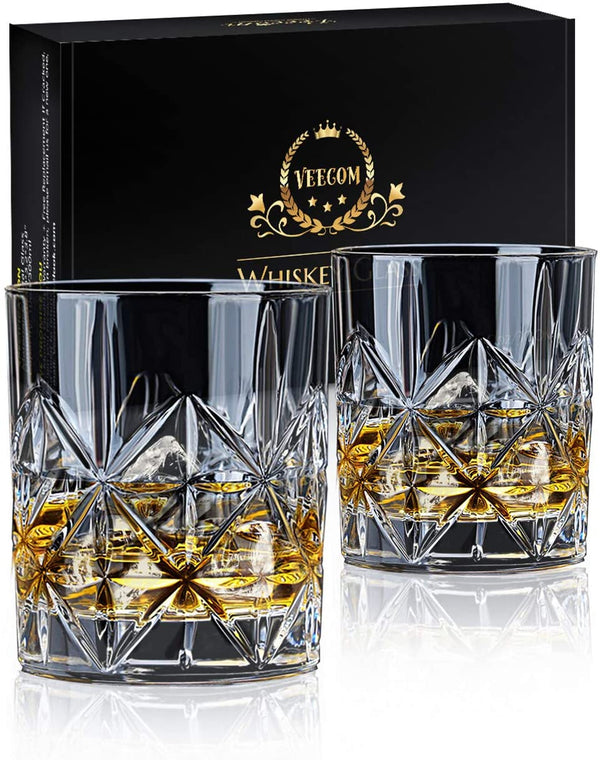 veecom Whiskey Glass Set of 2, 10 oz Crystal Whiskey Glasses Thick Bottom Bourbon Glasses Old Fashioned Rocks Glass Tumbler for Scotch, Cocktail, Liquor, Home Bar Whiskey Gifts for Men (Glass Set 2)