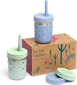 Elk and Friends Stainless Steel Cups | Mason Jar 10oz | Kids & Toddler Cups with Silicone Sleeves & Straws with Stopper | Spill proof Smoothie Cups