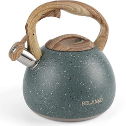 Tea Kettle, BELANKO 102 OZ / 3 Liter Whistling Tea Kettle, Tea Pots for Stove Top Food Grade Stainless Steel with Wood Pattern Handle, Loud Whistle Kettle for Tea, Coffee, Water, Milk - Black Green