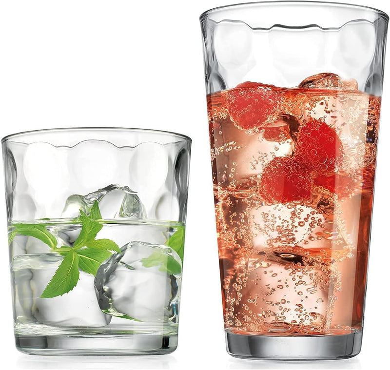 Home Essentials & Beyond Glassware Drinking Glasses Set Of 8 4 Highball (17 oz.) Kitchen Glasses | 4 (13 oz.) Rocks Glass Cups for Water, Juice and Cocktails.