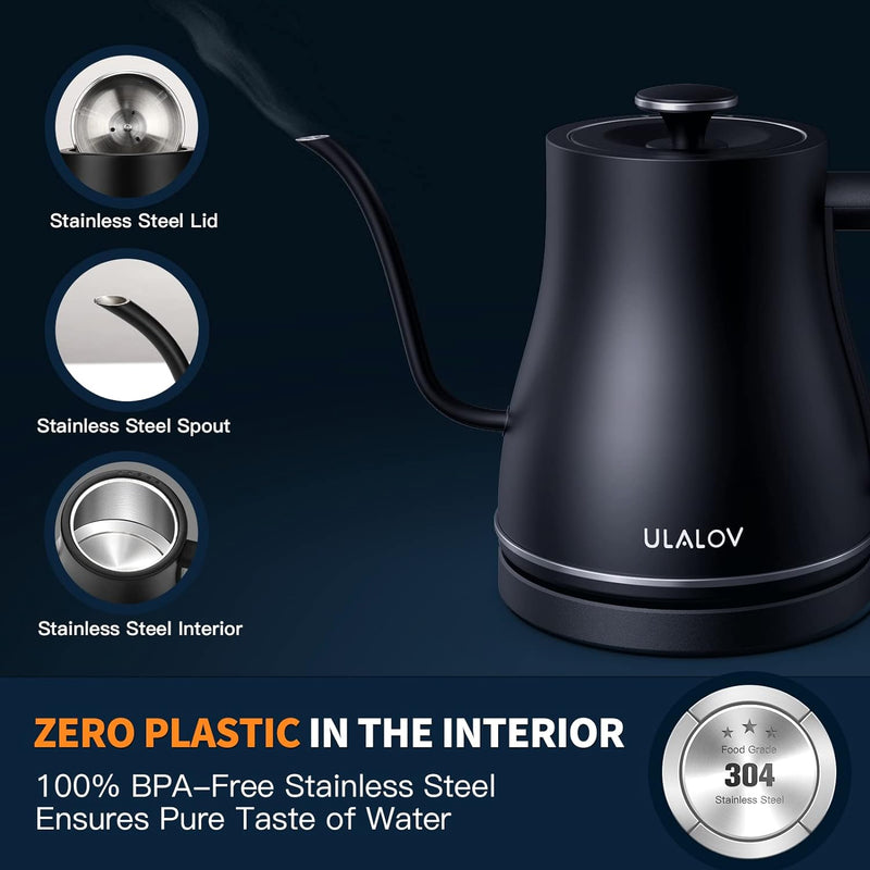 Ulalov Electric Gooseneck Kettle Ultra Fast Boiling Hot Water Kettle 100% Stainless Steel for Pour-over Coffee & Tea, Leak-Proof Design, Auto Shutoff Anti-dry Protection, 1200W-0.8L, Matte Black