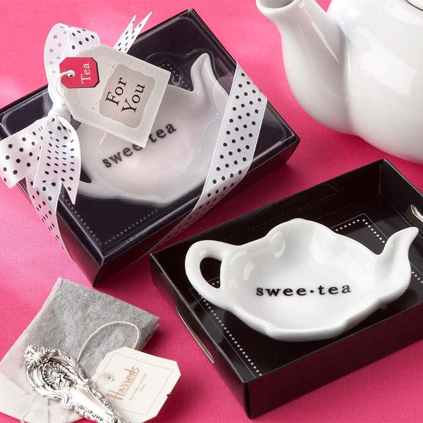 Swee-Tea Ceramic Tea Bag Caddy in Black & White Serving-Tray Gift Box (Set of 4) - Gift for Tea Lovers, Favors for Bridal Shower, Tea Party Decorations, Tea Bag Rest