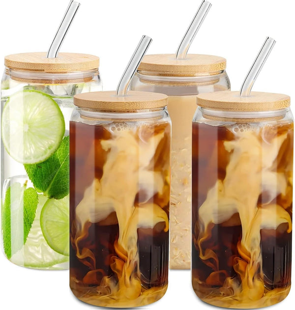 Benestanti 4 pcs Glass Cups with Bamboo Lids and Straws-16 oz Glass Tumbler with Straw and Lid & Cleaning Brush,Iced Coffee Cups with Lids Ldeal for Smoothie Beer Cocktail Whiskey Tea Juice Gift