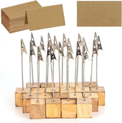 20 Pcs Rustic Wood Place Card Holders with Memo Clips and 30 Pcs Kraft Place Cards, Wooden Table Number Holder Stand Photo Picture Note Clip Holders for Wedding Party Name Sign - Cube Base