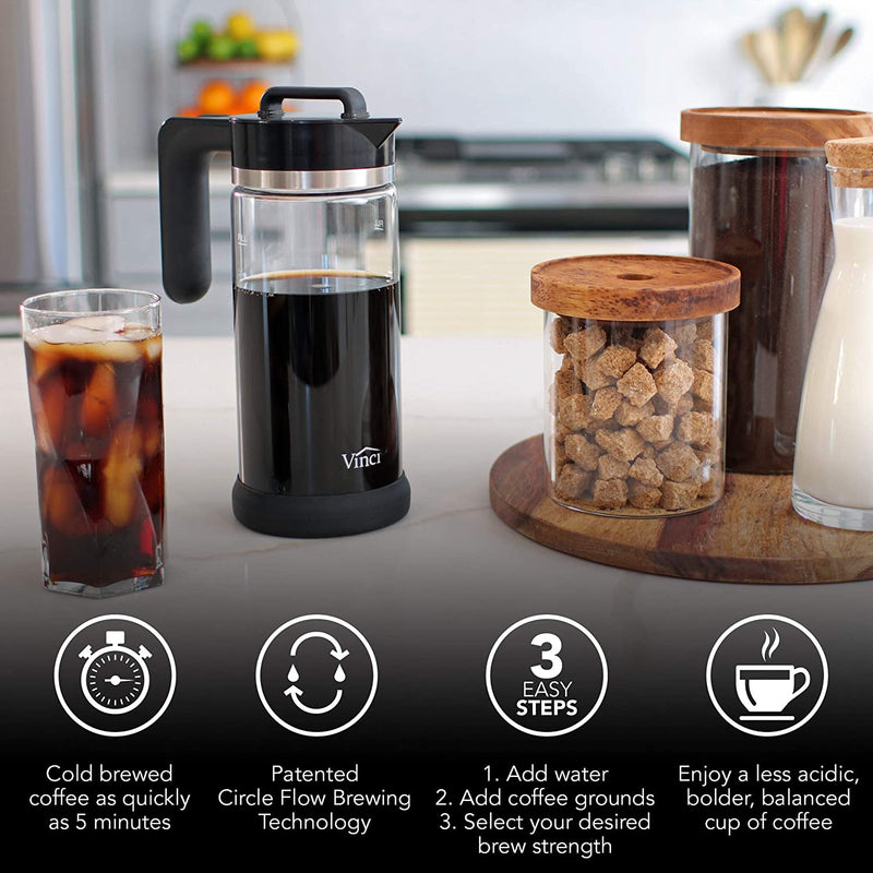 VINCI Express Cold Brew Patented Electric Coffee Maker in 5 Minutes, 4 Brew Strength Settings & Cleaning Cycle, Easy to Use & Clean, Glass Carafe, 1.1 Liter (37 Fl Ounces)