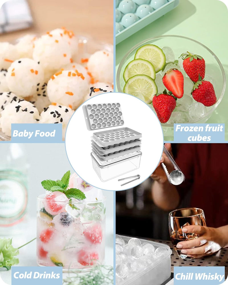 Icediver Ice Cube Tray, Circle Ball Ice Trays for Freezer with Lid & Bin, Sphere Ice Cube Mold Making 99 x 1.0IN Small Round Ice Cubes(Updated White Ice Trays, 1 Ice Bucket & Tong)