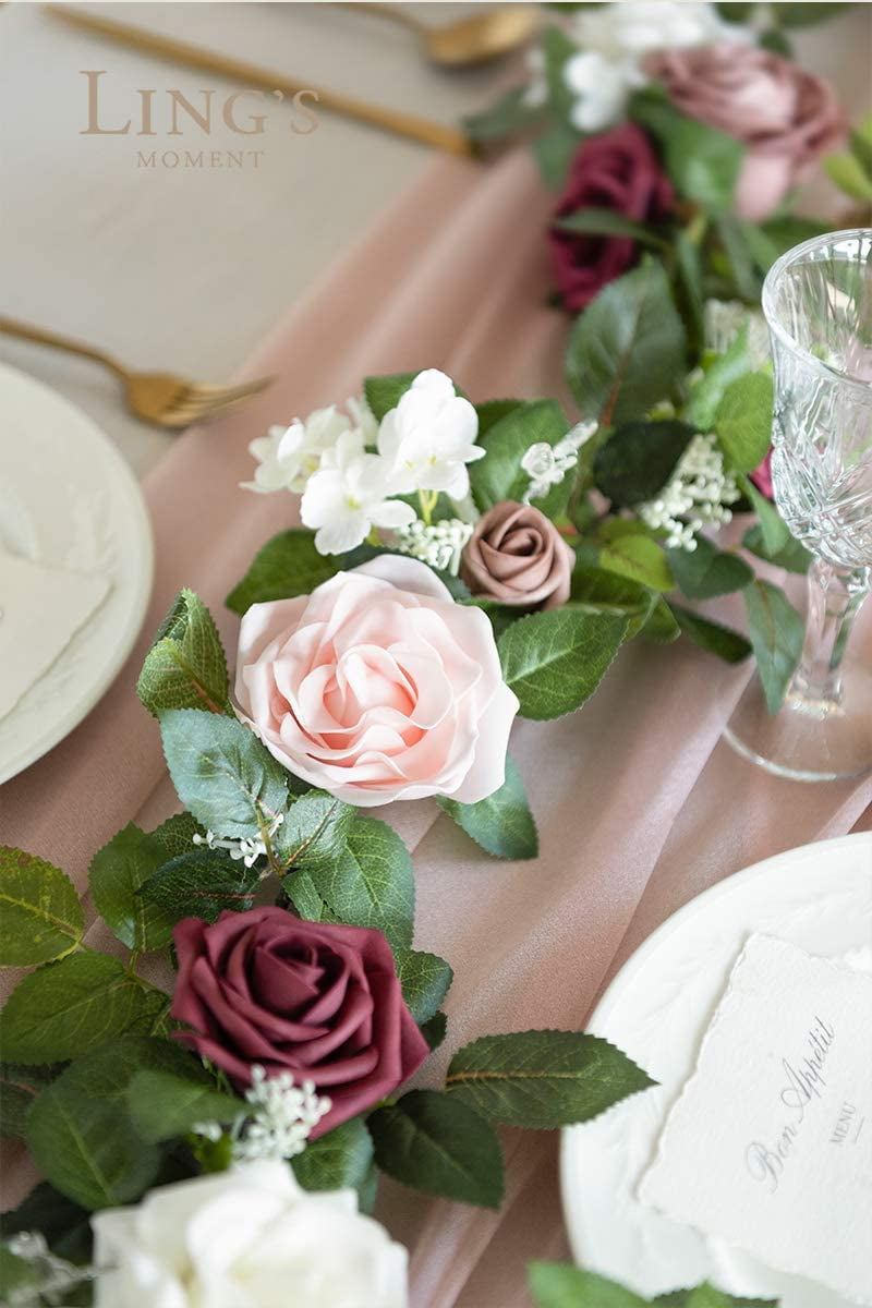 Artificial Rose Flower Runner for Wedding Decoration - 5FT Long Dusty Rose Cream