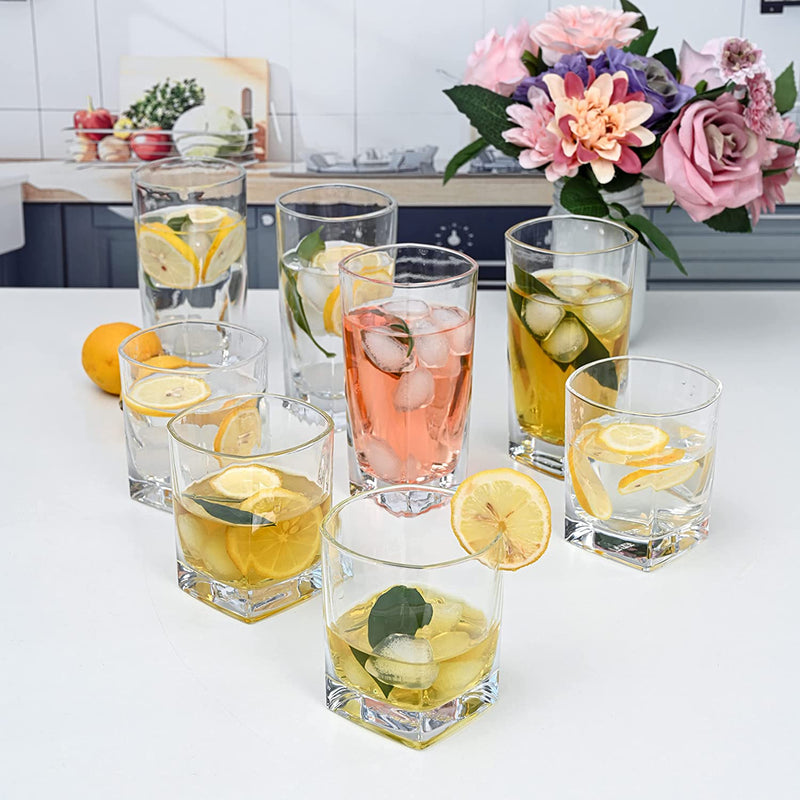 Everyday Drinking Glasses Set of 8 Drinkware Kitchen Glasses for Cocktail, Iced Coffee, Beer, Ice Tea, Wine, Whiskey, Water, 4 Tall Highball Glass Cups & 4 Short Old Fashioned Drinking Glass