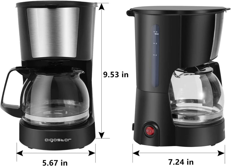 Aigostar 4 Cup Coffee Maker, Small Coffee Maker with Reusable Filter, Hot Plate and Glass Coffee Pot, Compact Coffee Machine with Cone Filter, Anti Drip Coffee Maker for Home & Office, Stainless Steel