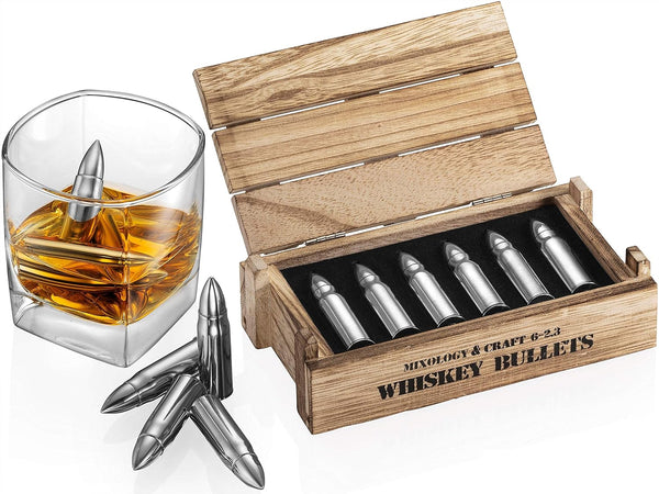 Whiskey Stone Gift Set - Stainless Steel Whiskey Stones in a Wooden Army Crate | Reusable Ice Cube for Whiskey | Whiskey Gift Set for Men, Dad, Husband, Boyfriend (Silver)