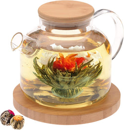 Teabloom Stovetop Safe Glass Teapot with Bamboo Lid (40oz/1200ml) + Loose Leaf Tea Filter Spout + 2 Blooming Teas + Large Bamboo Trivet - Natural Flowering Tea Gift Set