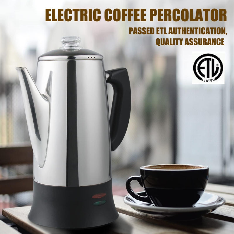 APOXCON Electric Coffee Percolator with ETL Approval, Stainless Steel Coffee Maker 1000 Watt with Simple Glass Knob Top, Auto Keep Warm Function & Cord-less Sever, Easy to Clean (12 Cup)