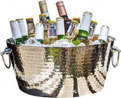 BREKX Hammered Stainless-Steel Beverage Tub, Double-Walled Insulated Anchored Drink Tub & Ice Bucket with Double Hinged Handles, Drink Chiller for Parties, 12 Quarts