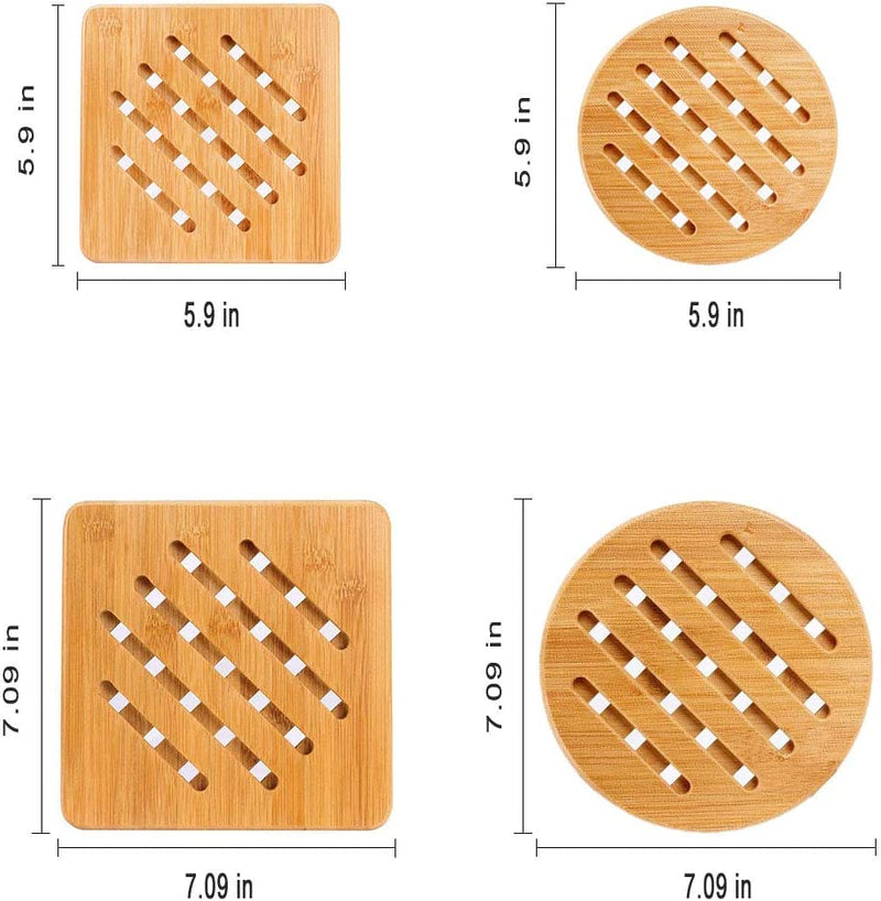 Natural Bamboo Trivet Mat Set, Kitchen Wood Hot Pads Trivet, Heat Resistant Pads for Hot Dishes/Pot/Bowl/Teapot/Hot Pot Holders, Anti-Hot Non-Slip Durable,Square and Round (Pack of 4), by MUWENTY