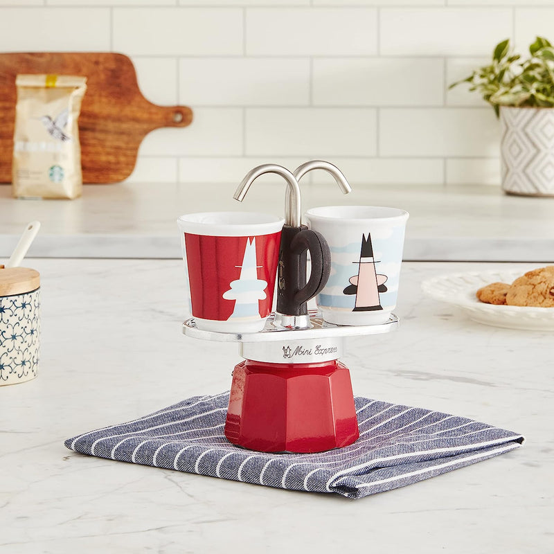 Bialetti - Mini Express Magritte: Moka Set includes Coffee Maker 2-Cup (2.8 Oz) + 2 shot glasses, Red, Aluminium