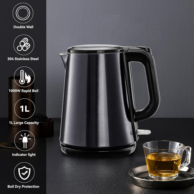 Pukomc Electric Kettle - 1.0L Hot Water Boiler - Stainless Double Wall Tea Kettle, Auto Shut-Off and Boil-Dry Protection, 1000W