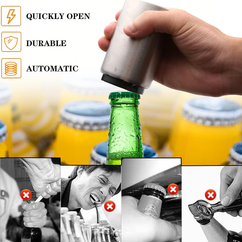 Premium Automatic Beer Bottle Opener (Stainless Steel), No Damage to Caps, Portable Push Down and Pop Off Magnetic Cap Catcher, QUICK Fun Bartender Openning Tool for Corkscrew Lid Home Bars Kitchen