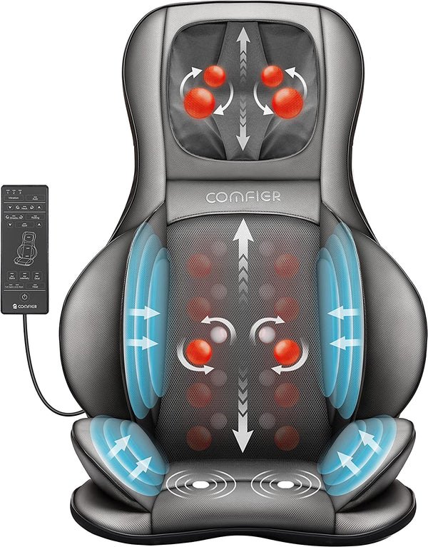 COMFIER Neck and Back Massager with Heat,Shiatsu Massage Chair Pad Portable with Compress & Rolling,Kneading Massager for Full Back & Shoulder,Full Body,Grey