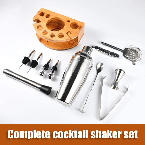 Esmula Bartender Kit with Stylish Bamboo Stand, 12 Piece 25oz Cocktail Shaker Set for Mixed Drink, Professional Stainless Steel Bar Tool Set, Gift for Man Dad- Cocktail Recipes Booklet