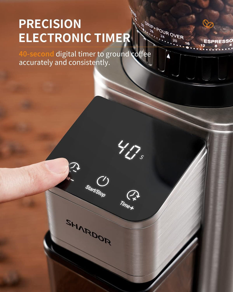 SHARDOR Conical Burr Coffee Grinder Electric with Precision Electronic Timer, Adjustable Burr Mill with 48 Precise Settings, Touchscreen, Anti-static, Brushed Stainless Steel