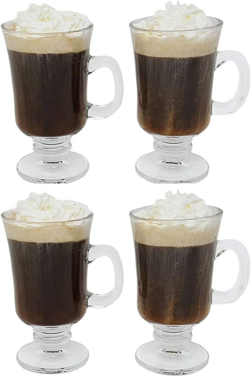 Set of 4 Thick Wall Glass Footed Irish Coffee Glass Mugs 8.25 oz. Cappuccinos, Mulled Ciders, Hot Chocolates, Ice cream and More!