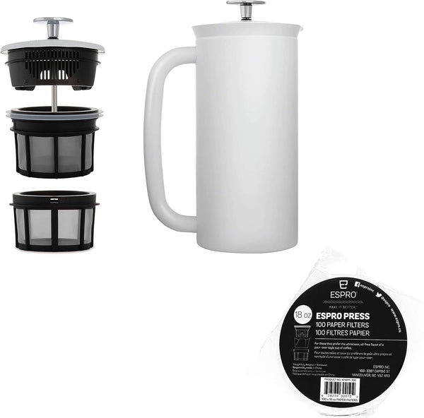 ESPRO - P7 French Press - Double Walled Stainless Steel Insulated Coffee and Tea Maker with Micro-Filter - Keep Drinks Hotter for Longer (Matte White, 18 Oz) Coffee Paper Filters (100 Count)