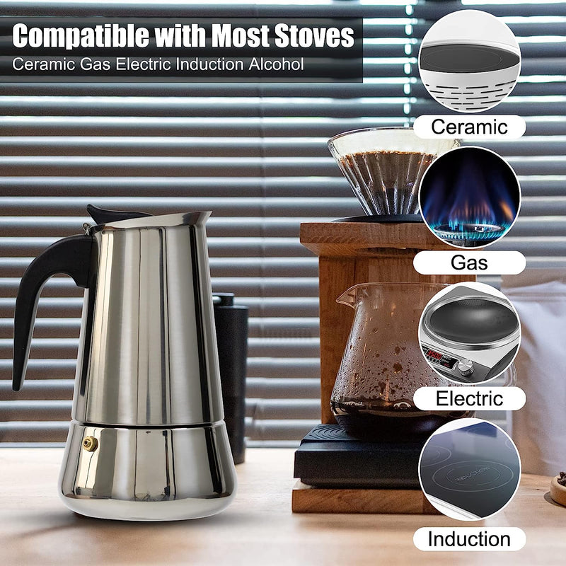 ALYSTER Moka Pot Italian Coffee Maker Classic Stovetop Espresso Maker 6Cup/10OZ Stainless Steel Stovetop Induction Espresso Pot (6Cup(10OZ), Silver)
