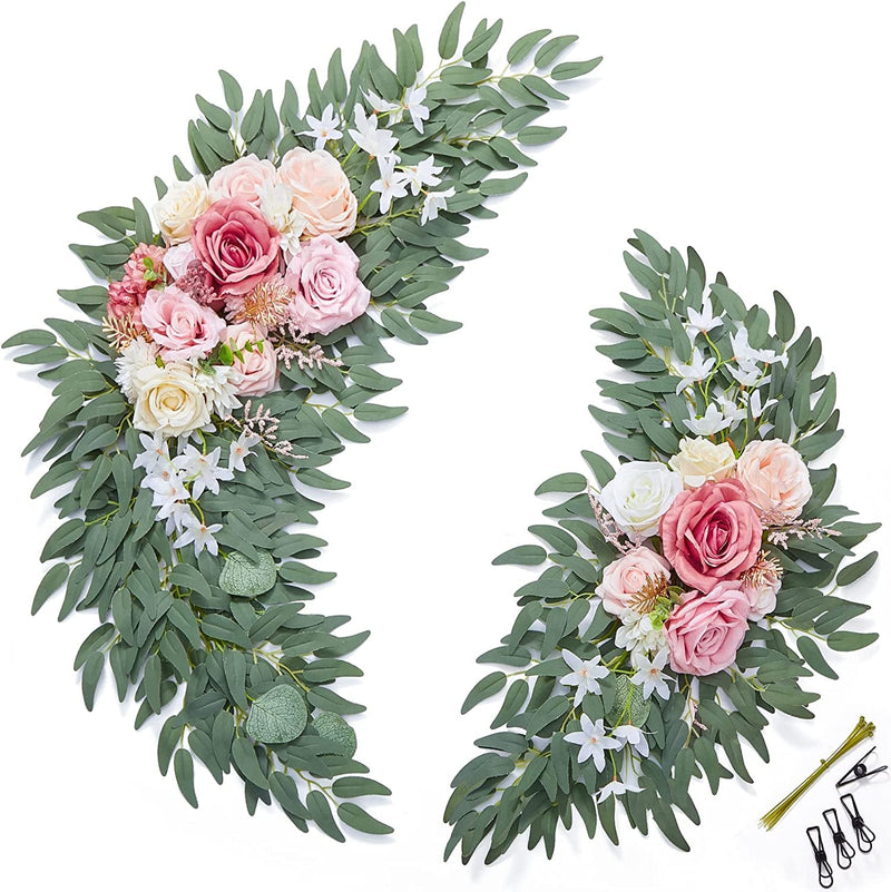 Large Wedding Arch Flowers - Pink and White Artificial Swag for Wedding Decorations with Draped Fabric and Floral Detail
