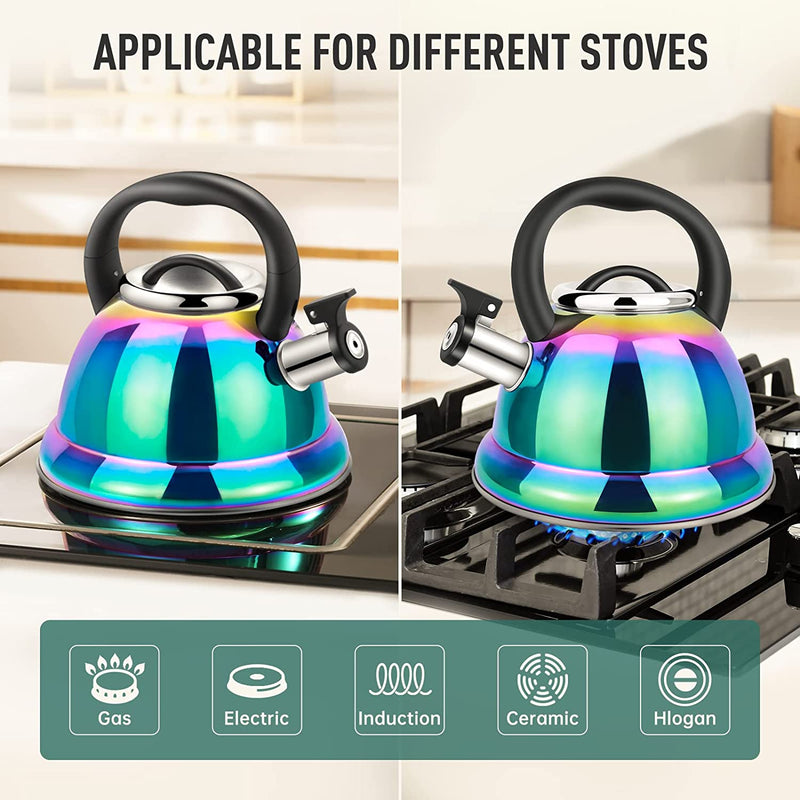 Whistling Tea Kettle for Stovetop, 3.5L Stainless Steel Tea Pot with Cool Ergonomic Folding Handle, Rainbow Induction Kettles for Boiling Water, Mirror Finish…